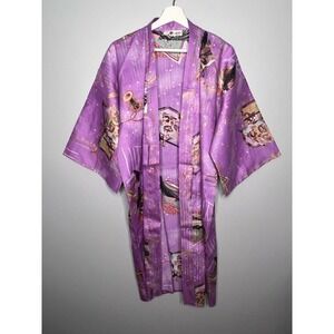 FP in Tokyo Printed 3/4 Sleeve Open Front Longline Japanese Kimono Robe Purple